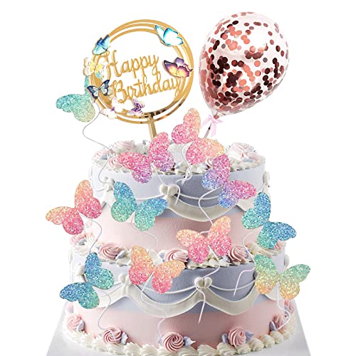 Schmetterling Kuchendekorationen, 17 Stück bunte Schmetterling Geburtstag Tortendeko, Konfetti Ballon Cake Topper für Mädchen Frauen Geburtstag Party Hochzeit von OTKARXUS