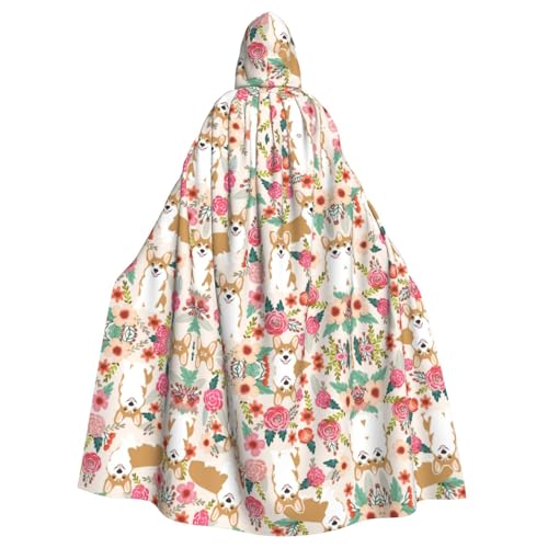OTTKGGA Corgi Kapuzenumhang mit Blumenmuster, Frühlingsgarten, Zauberer-Umhang, Sensenmann, Vampir-Party, Halloween, Erwachsene, Cosplay, Bühnenkostüme von OTTKGGA