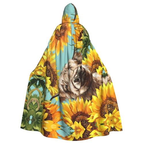 OTTKGGA Kuh mit Sonnenblumen im blauen Kapuzenumhang, Zauberer-Umhang, Sensenmann, Vampir-Party, Halloween, Erwachsene, Cosplay, Bühnenkostüme von OTTKGGA