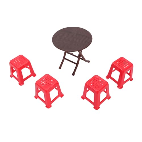 Tisch und Stühle Im Maßstab 1/12, Miniatur-Puppenhausmöbel-Set mit Roten Hockern, Klappbarer Runder Tisch, für Puppenhauszubehör von OUCRIY