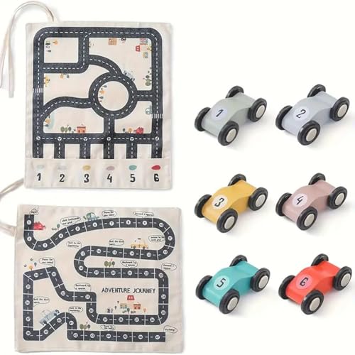 Canvas Car Toy Set, Car Racing Track Tablecloth with 6 Cars, Dual Side Canvas Car Toy Set with 6 Cars, Funny Road Trip Game for Camping (Weiß) von OUDIOHAI