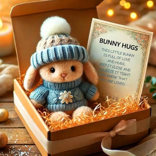 Mini Bunny Hug Cute Easter Gift, Plush Rabbit with Knitted Hat, Mini Rabbit Hug, Comfort Cuddly Toy, Gift Box and Card for Family Friend Loved Ones Gift (Blau) von OUDIOHAI