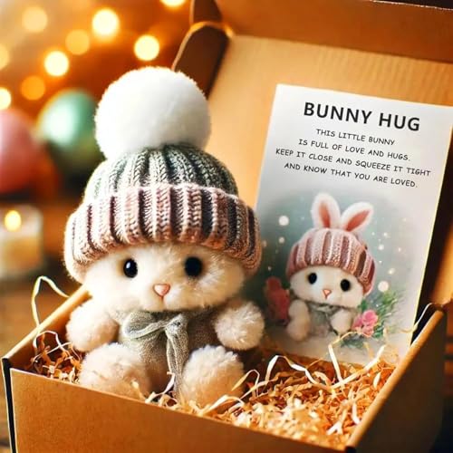 Mini Bunny Hug Cute Easter Gift, Plush Rabbit with Knitted Hat, Mini Rabbit Hug, Comfort Cuddly Toy, Gift Box and Card for Family Friend Loved Ones Gift (Grau) von OUDIOHAI