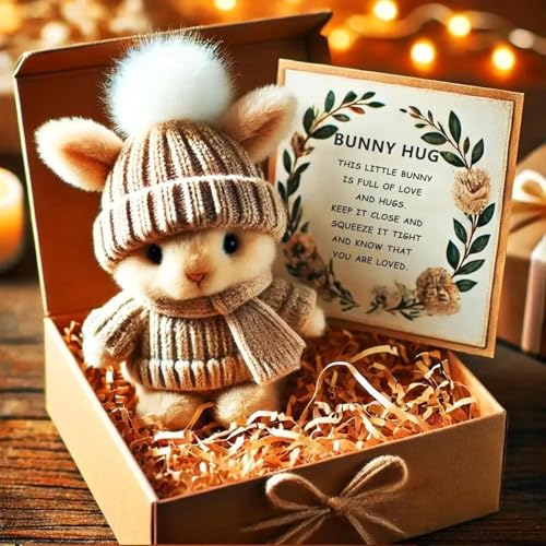 Mini Bunny Hug Cute Easter Gift, Plush Rabbit with Knitted Hat, Mini Rabbit Hug, Comfort Cuddly Toy, Gift Box and Card for Family Friend Loved Ones Gift (Khaki) von OUDIOHAI