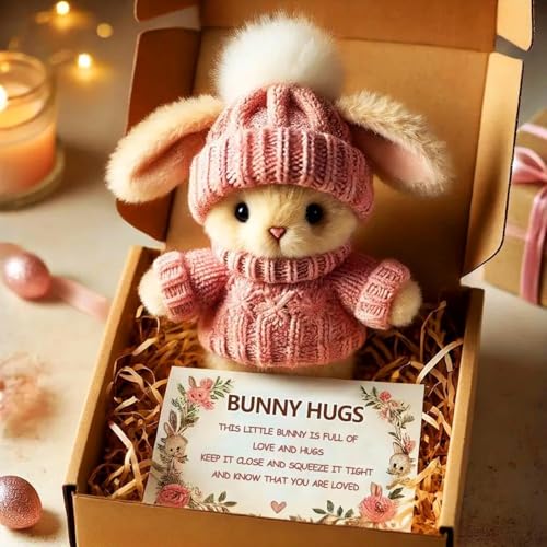 Mini Bunny Hug Cute Easter Gift, Plush Rabbit with Knitted Hat, Mini Rabbit Hug, Comfort Cuddly Toy, Gift Box and Card for Family Friend Loved Ones Gift (Rosa) von OUDIOHAI