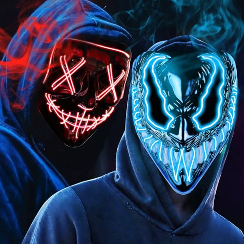 OUILA LED Halloween Maske, 2 Pack Neon Leuchtmaske mit 3 Leuchtmodi für Herren, Damen, Cosplay, Halloween, Karneval, Maskerade Party (2 Halloween Masken) von OUILA