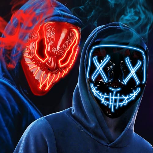 OUILA LED Halloween Maske, 2 Pack Neon Leuchtmaske mit 3 Leuchtmodi für Herren, Damen, Cosplay, Halloween, Karneval, Maskerade Party (2 Mischfarben Masken) von OUILA