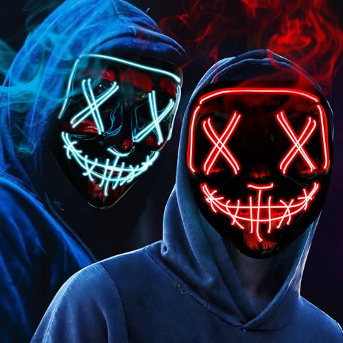 OUILA LED Halloween Maske, 2 Pack Neon Leuchtmaske mit 3 Leuchtmodi für Herren, Damen, Cosplay, Halloween, Karneval, Maskerade Party (2 schwarze Masken) von OUILA