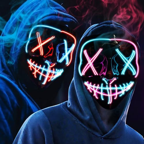 OUILA LED Halloween Maske, 2 Pack Neon Leuchtmaske mit 3 Leuchtmodi für Herren, Damen, Cosplay, Halloween, Karneval, Maskerade Party (Rot & Blau Masken) von OUILA