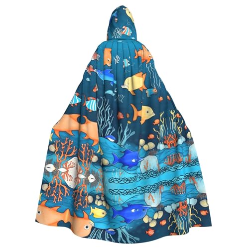 OUInbvv Blauer Unterwasserwelt der Fische, Kapuzenumhang für Erwachsene, mit durchgehendem Druck, perfekt für Maskerade, Karneval und Themenpartys von OUInbvv