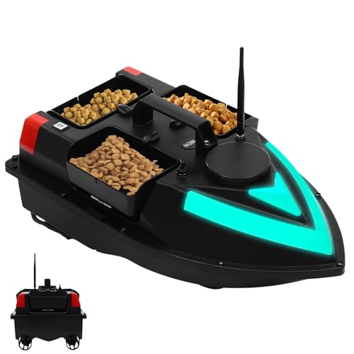 OUKANING Angeln Köderboot mit 500m Fernbedienung Angelköder Boot mit 3 Köderboxen bis 1,25KG Belastbar GPS Futterboot mit LED Suchscheinwerfer & 5200mAh Batterie (Schwarz) von OUKANING