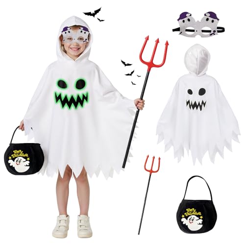 OUMDON Halloween Geister Kostüme für Kinder: Gespenst Kostüm mit Handtasche Teufelsgabel Brille - Weiß Umhang Gespenst Kostüm (M 7-9Jahre) von OUMDON