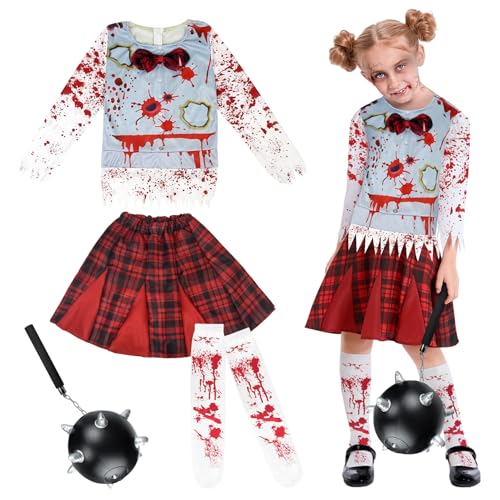 OUMDON Halloween Kostüm Zombie Mädchen: Zombie Schulmädchen Kostüm mit Einem Meteor Hammer-Requisit und Socken Geliefert - Grusel Cheerleader Kostüm Kinder (L（10-12 Jahre）) von OUMDON