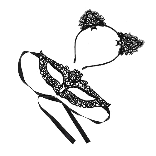 OUNONA 1 Satz Katzenohren Haarreif Set mit Spitze und Maske Teiliges Kostüm für Karneval Festivals und Partys Einzigartiger Kopfschmuck für Verschiedene Outfits von OUNONA