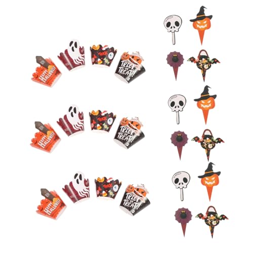 OUNONA 2sätze Kürbis-cupcake-topper Mit Gruseligem Kuchen-topper Spinnen-cupcake-förmchen Und Totenkopf-muffinförmchen Halloween-backdekorationen Aus Papier Für Partygeschenke von OUNONA