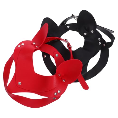OUNONA 2 Stück PU Damen Punk Stil Halbgesicht Maske mit Katzenohren für Halloween Party Cosplay Schwarz Rot von OUNONA