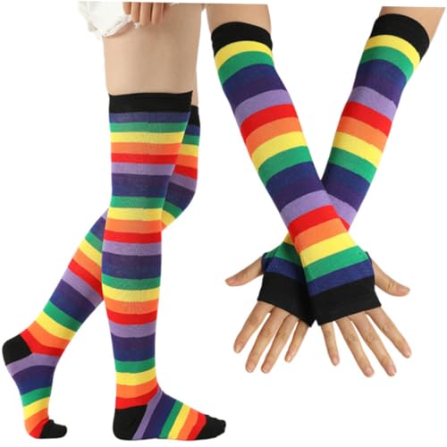 OUNONA 2 Stück Teiliges Set Bunte Regenbogenhandschuhe und Warme Elastische Overknee strümpfe für Damen und Mädchen Langlebig Rutschfest für Kostüme Partys und Tanzveranstaltungen von OUNONA