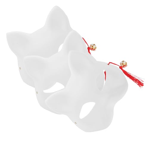 OUNONA 3 Sätze Weiße Handbemalte Katzen und Fuchs Masken Teilig mit Tasseln und Glöckchen DIY Tiermasken Bemalen für Karneval Kostümparty und Maskerade Komfortabler Sitz Einzigartige von OUNONA