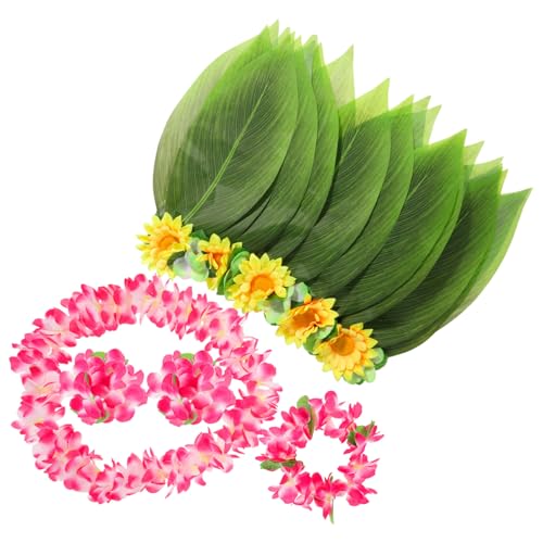 OUNONA 5 Stück Teiliges Hawaii Kostüm Set mit Grünem Hula Blätterrock Armbändern Halskette und Stirnband Elastischer Realistischer Blätterrock für Luau Party Strandfest Karneval von OUNONA