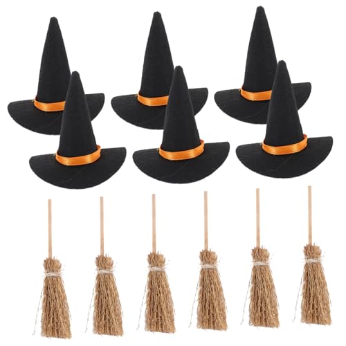 OUNONA 6 Satz Mini Hexenhüte Besen Set Teiliges DIY Bastelset für Halloween Dekoration Mini Filz Hexenhüte und für Kreative Bastelideen und Partys von OUNONA