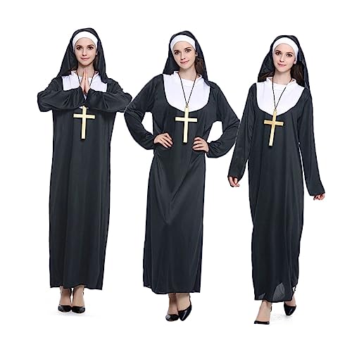 OUNONA Halloween Damen Nonnen Kostüm Teiliges mit Robe und Kopftuch Komfortabel Einfaches Halloween Cosplay Kostüm für Frauen Geeignet für Karneval Mottoparty von OUNONA