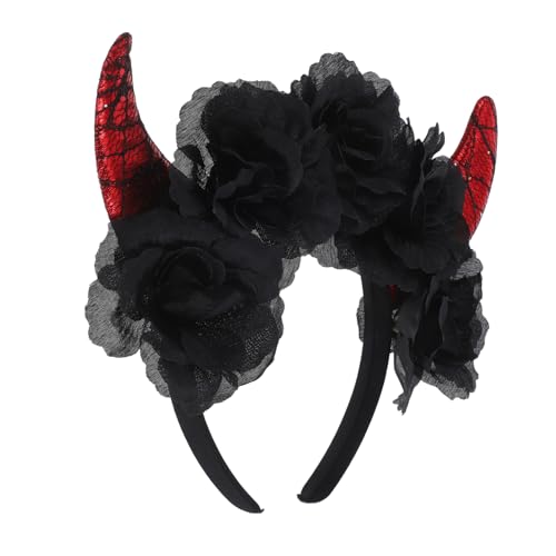 OUNONA Halloween Haarreif mit Schwarzen Rosen und Teufelshörnern Leichtes Cosplay Stirnband Kreativer Kopfschmuck für Halloween Kostüm Party und Fotosessions von OUNONA