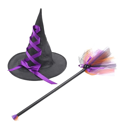 OUNONA Halloween Hexenhut Set mit Besen Teiliges Kostümzubehör für Mädchen Dekorative Maske und Hut für Halloween Feiern und Fotoshootings von OUNONA
