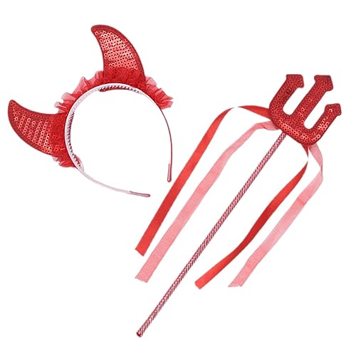 OUNONA Halloween Teufelshorn Haarreif mit Zauberstab Rotes Pailletten Stirnband für Kleine Mädchen Langlebiges Kopfband für Karneval Kinderparty und Kostümzubehör von OUNONA