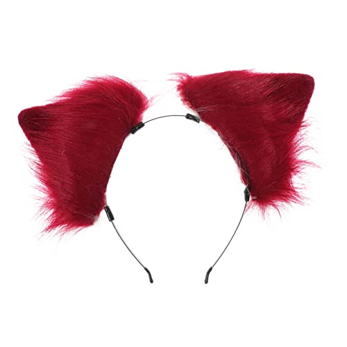 OUNONA Katzenohren Haarreif Damen Plüsch Haarband mit Festem Sitz Katzenohren Design für Party Cosplay Halloween Mädchen Kopfputz Charming Accessoire Weinrot und Weiß von OUNONA