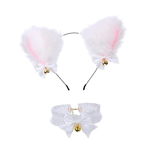 OUNONA Kuscheliges Katzenohren Stirnband mit Weißem Schleifen Bow und Passender Cosplay Halskette Handgefertigtes Haarschmuck für Damen und Mädchen für Karneval Halloween Party Kostüm von OUNONA