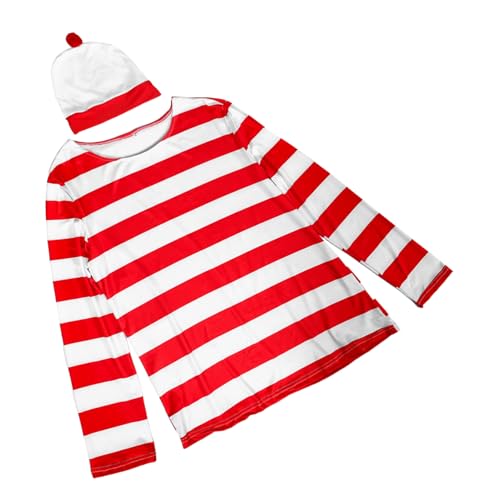 OUNONA Lustiges Halloween Kostüm für Männer und Frauen Rotes und Weiß Gestreiftes Langarmshirt mit Passendem Hut Bequemes Leichtes Cosplay Outfit für Halloween Party und Aufführung von OUNONA