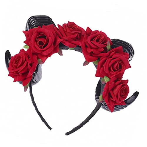 OUNONA Rotes Samt Horn Haarband mit Rosenblumen Halloween Cosplay Kopfschmuck Breites Vintage Stirnband für Party Foto Requisiten Eleganter und Auffälliger Festtags Schmuck von OUNONA