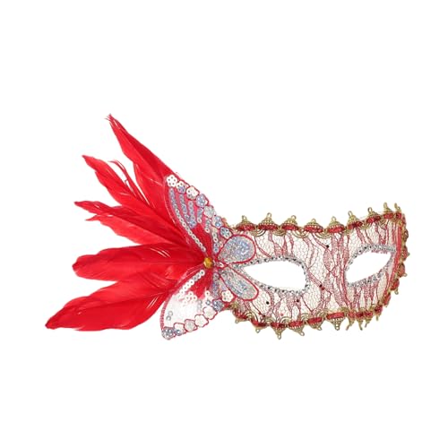OUNONA Venezianische Damen Halbmaske mit Roter Spitze und Federn für Karneval Prom Halloween Kostüm Komfortabel Luxuriöses Design Vielseitig für Maskenball und Party von OUNONA