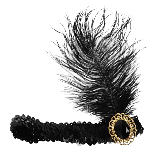 OUNONA Vintage Flapper Stirnband Damen Kopfschmuck mit Pailletten und Federn Eleganter Party Haarschmuck für Kostüm und Maskenball Schwarzes Accessoire für Besondere Anlässe von OUNONA