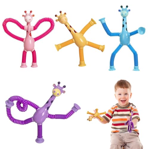 4 Stück Teleskop-Giraffe-Saugnapf-Spielzeug,Giraffe Pop Röhren Sensorik Spielzeug,Pädagogisches Stress Spielzeug,Pop Tubes Sensorische Stressabbau Spielzeug für Kinder von OUOQI