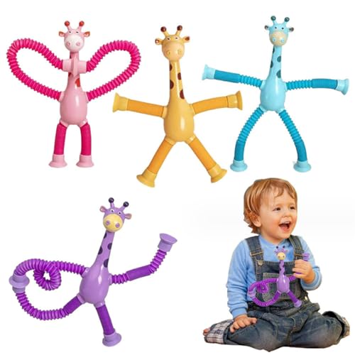 OUOQI 4 Stück Teleskop-Giraffe-Saugnapf-Spielzeug,Pop Tubes Sensorische Spielzeug für Kleinkinder,Giraffe Pop Röhren Sensorik Spielzeug,Pädagogisches Stress Spielzeug,Stressabbau Spielzeug für Kinder von OUOQI