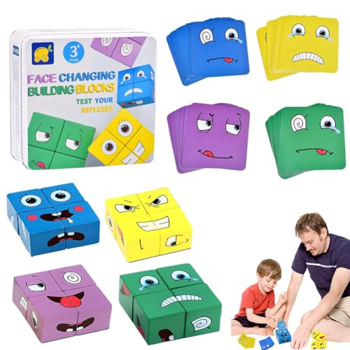 Puzzle Bauwürfel Gesichter,Ausdruck Holzwürfel Puzzle,Holzwürfel Puzzle,Bunte Zauberwürfel Baustein,Magic Face Building Block,Spiel Puzzle Bauwürfel,Interaktion Spielzeug für Kinder von OUOQI