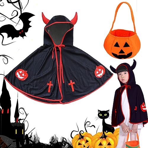 Halloween Umhang Cape mit Ox Horn Mit Kapuze Mantel,Halloween Kostüm für Kinder Teufelkostüm,Kinder Halloween Kostüm,Teufel Umhang,für Halloween Cosplay Verkleidung Fasching Karneval von OUOQI