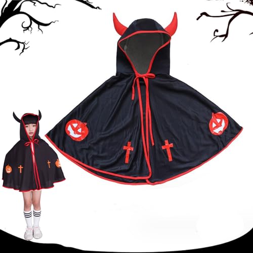 Kinder Halloween Kostüm,Halloween Kostüm für Kinder Teufelkostüm,Teufel Umhang,Halloween Umhang Cape mit Ox Horn Mantel,für Kinder Halloween Cosplay Verkleidung Fasching von OUOQI