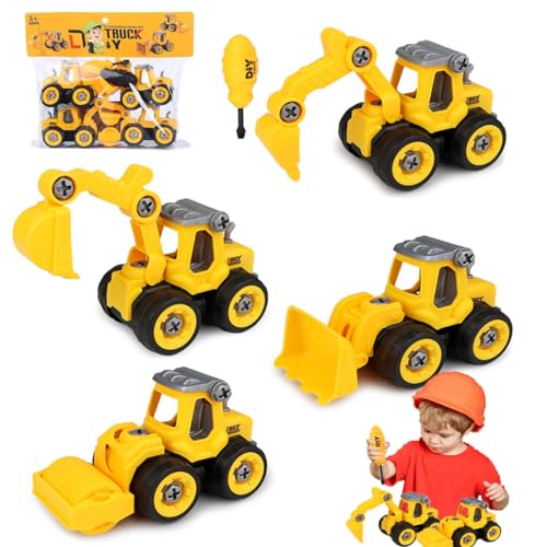 OUOQI 4 Stück Bagger Spielzeug,Bagger Spielzeugautos,Baustellen Fahrzeuge Spielzeug,Baufahrzeuge Spielzeug mit Schraubendreher,Bulldozer Spielzeug ab 3 4 5 6 Jahren für Kinder von OUOQI