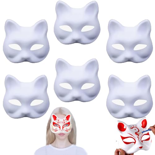 OUOQI 6 Stück Weiße Cat Mask, DIY Katzenmaske, Therian Mask, Weiße Plastikkatzenmaske, Katzen Masken zum Bemalen, für Halloween Cosplay Party von OUOQI