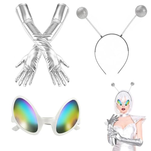 OUOQI Alien Kostüm Set - Rave Outfit Mit Stirnband, Brille, Handschuhe - Zubehör Für Kinder Und Erwachsene - Silber Haarreif von OUOQI