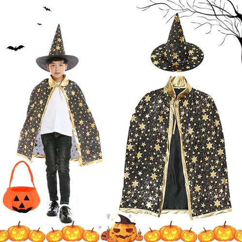 OUOQI Halloween-Hexenumhang Kinder Halloween Kostüm Halloween Witch Wizard Cape,Wizard Cape Witch Umhang mit Hut Kürbis Candy Bag,Witch Umhang,Kinder Halloween Umhange für Kinder Halloween Karneval von OUOQI