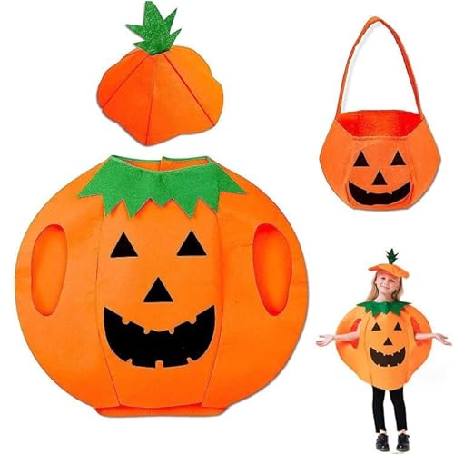 OUOQI Halloween Kürbis Kostüm Kinder,Halloween Kostüm Kürbiskostüm,Kinder Kürbis Kostüm,Halloween Kürbiskostüm mit Kürbis Candy Bag,Kürbis Kostüm,für Halloween Karneval Party Cosplay Kinder, Gelb von OUOQI