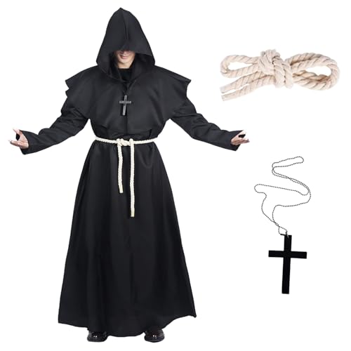 OUOQI Mönch Robe Kostüm,Herren Kapuze Mönch Robe Priester Kostüm mit Kreuz-Halskette,Gürtel,Priester Robe Kostüm,Mönch Priester Gewand für Halloween,Karneval und Rollenspiel Kostüme von OUOQI