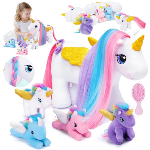 OUOZZZ 5 Stück Einhorn Kuscheltier Set, Weich Einhorn Plüschtier mit 4 Baby Einhorn Stofftiers im Bauch - Baby Geburtstagsgeschenk für Mädchen Jungen Kinder von OUOZZZ