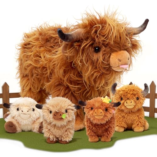 OUOZZZ 5 Stück Hochlandrind Kuh Kuscheltier Set, Weich Hochlandrind Plüschtier mit 4 Baby Stofftiere im Bauch - Baby Geburtstagsgeschenk für Mädchen Jungen Kinder von OUOZZZ