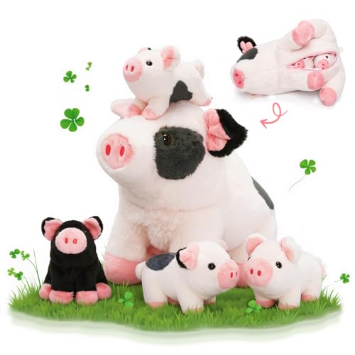 OUOZZZ 5 Stück Schwein Kuscheltier, 23cm Weich Schwein Plüschtier mit 4 Baby Schweinchen Stofftiere im Bauch - Party Geburtstagsgeschenk Glücksschwein Decor für Kinder von OUOZZZ