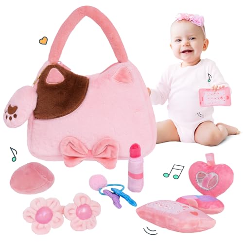 OUOZZZ Baby Girl Gifts My First Toys – 7-teiliges Plüschspielzeug, gefülltes Make-up-Geldbörsen-Spielset mit Quietscher, klingelndes sensorisches Spielzeug für Geburtstagsgeschenke,21.8CM von OUOZZZ