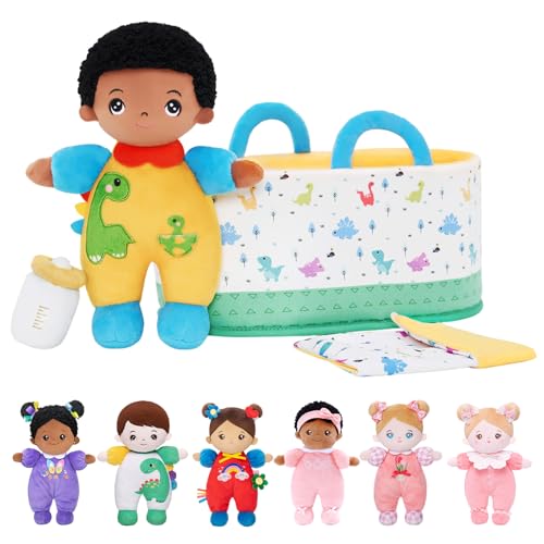 OUOZZZ Baby Puppe mit Tragetasche und Puppenzubehör, 25cm Weiche Afrikanische Stoffpuppe Dinosaurier, Kuschelpuppe für Kinder ab 3 Monaten - Baby Geschenk zur Geburt Jungen Mädchen OUOZZZ Baby Puppe mit Tragetasche und Puppenzubehör, 25cm Weiche Afrikanische Stoffpuppe Dinosaurier, Kuschelpuppe für Kinder ab 3 Monaten - Baby Geschenk zur Geburt Jungen Mädchen von OUOZZZ